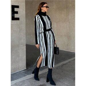 Zebra Print High-Neck Knit Two-Piece Set